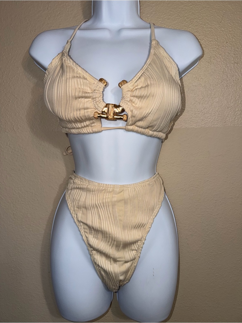 Beige Ribbed Gold-Accent Bikini Set
